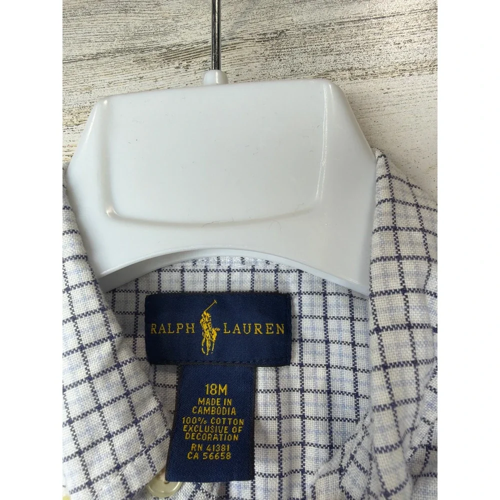 Ralph Lauren Button Up Shirt Boys 18M White Blue Plaid Cotton Preppy EUC